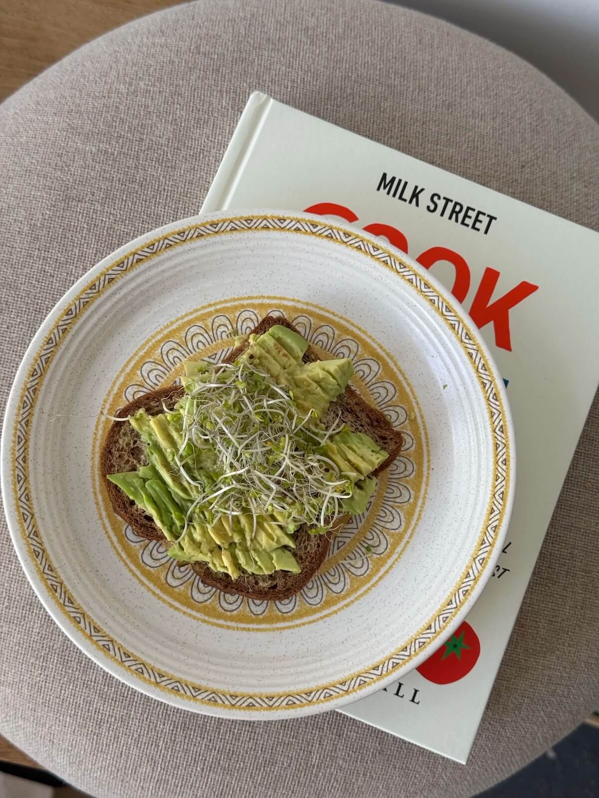 Avocado & sprouts on toast on a plate, placed a wellness book.